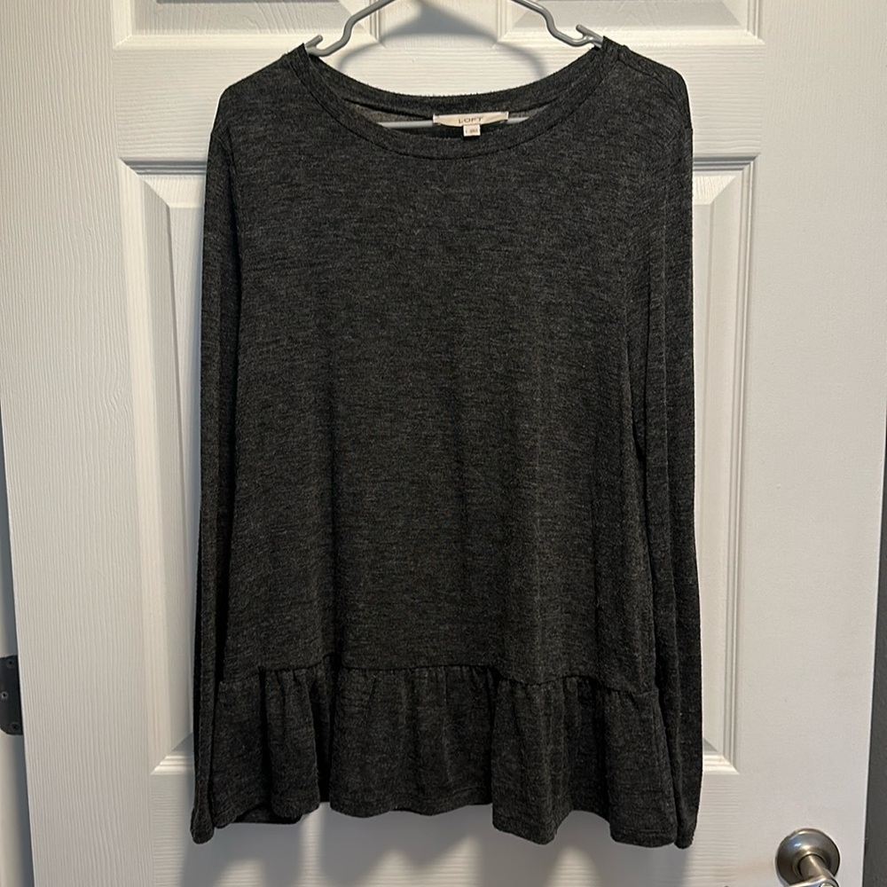 Loft Dark Gray Ruffle Bottom Long Sleeve Tee